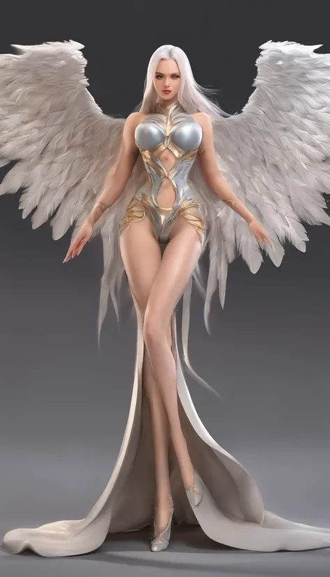 Divine six-winged angel，angelic halo，with light glowing，Extra-long white hair dragged on the ground，huge boob，Well-developed muscles，Huge wide hips，Pronounced abs，thick leg，long leges，Thick leg muscles，Exaggerated body proportions，Gorgeous high heels，Large...