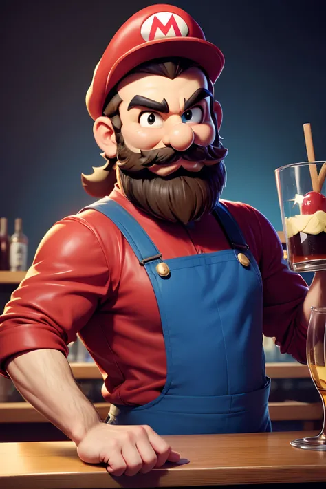 a bartender with a beard, wearing a Mario Bros outfit,Happy expression