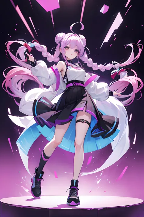 Bun head，Twist braids，light violet hair，teens girl，vivaciousness，a black skirt，full bodyesbian，Full body standing painting，Side body，Fall，Big dynamics