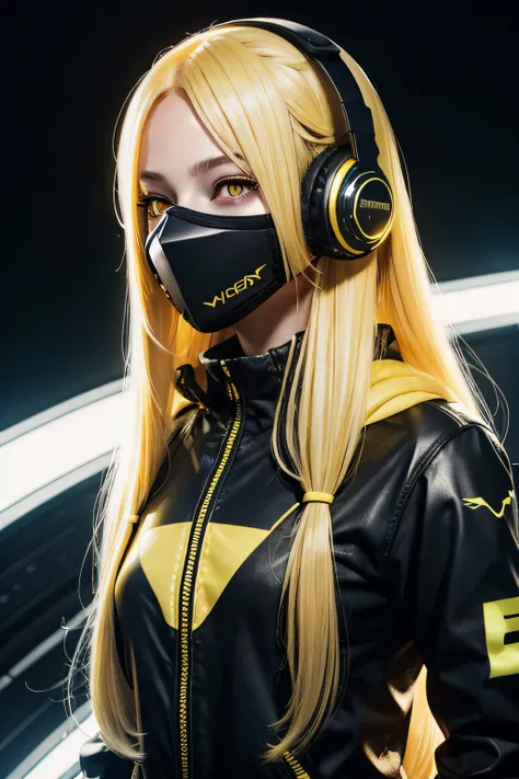 girl with long yellow hair, yellow eyes, futuristic vibes, mask on mouth, headphones, 8k, high quality, simple background, glowing eyes, nice pose