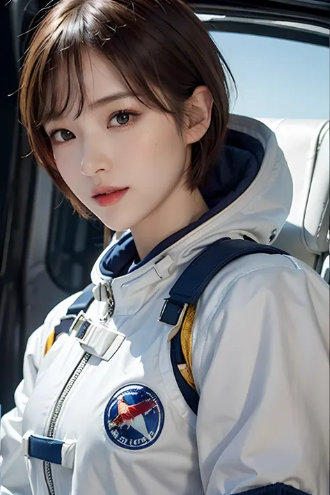 top-quality、​masterpiece、超A high resolution、(realisitic:1.4)、Beautuful Women１、Beautiful detail eyes and skin、ssmile、Light brown short-cut hair、The perfect spacesuit、Inside the spacecraft、