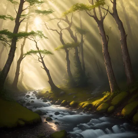 Create a hyper-realistic oil painting of a forest river scene with sunlight streaming through the trees