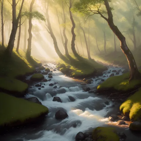 Create a hyper-realistic oil painting of a forest river scene with sunlight streaming through the trees