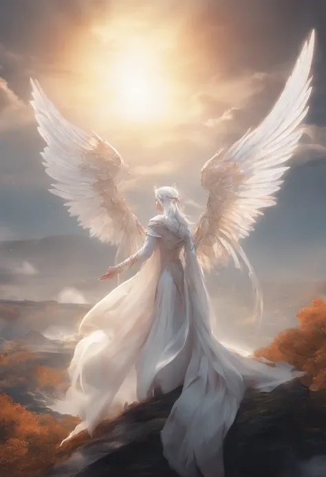 It flies lightly, Holy,White Elves, long ear,white wings on back,shining brightly, The whole body is in the frame, Against the background of colored sky, RAW photo, Hyper-realistic, remote, product-view, ArtStation Trends,Super high quality, Digital art, D...