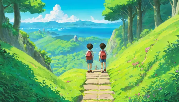 Two little boys，Stand on a mountain path surrounded by greenery，