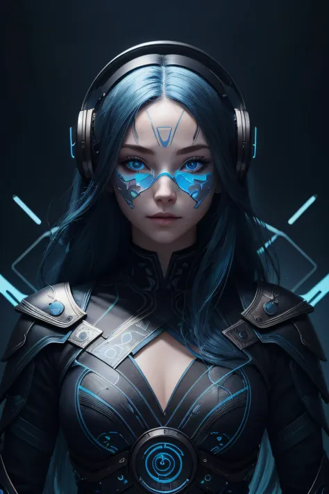 girl with long blue hair, blue eyes, futuristic vibes, mask on mouth, headphones, 8k, high quality, simple background, glowing e...