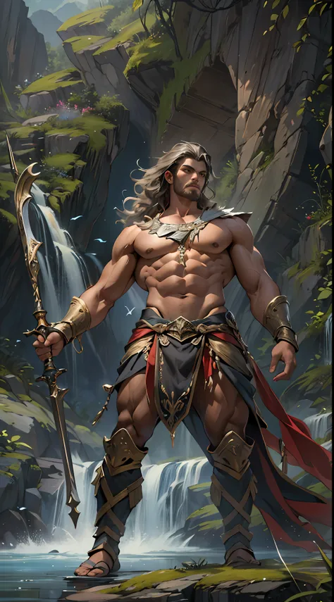 Powerful warrior, upper torso unveiled, lower body uncovered from thighs to feet, cascading long curls, meticulous muscle definition, lifelike depiction, 4K resolution. Background: Mythical fantasy landscape.,32k uhd, best quality, masterpiece, super detai...