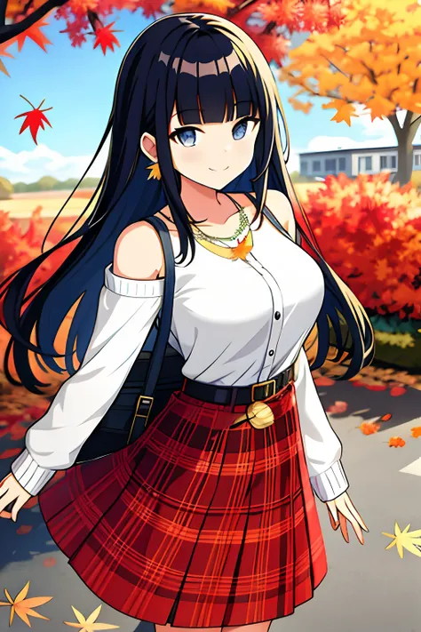 Photo of a young attractive anime girl in a skirt, 1girl in, Solo, Skirt, Autumn leaves, Jewelry, fronds, off shoulders, Long hair, Belt bag, Looking at Viewer, Autumn, earrings, Sweaters, Outdoors, blush, tree, Bangs, Plaid, Smile, Maple leaf, plaid skirt...