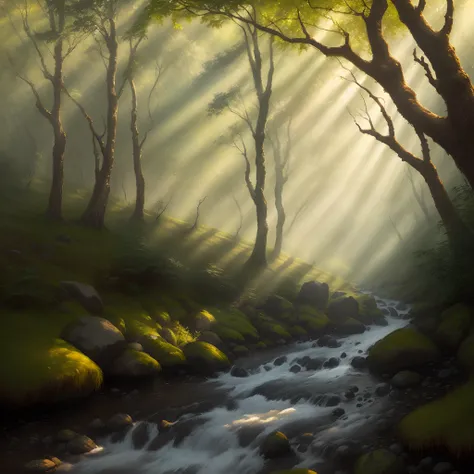 Create a hyper-realistic oil painting of a forest river scene with sunlight streaming through the trees