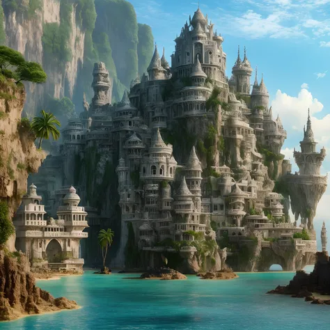 Araf Castle on a cliff overlooking the water body, Floating palace, big and structured valhalla city, Epic Matte painting of the island, The Lost City of Atlantis, Huge floating castle, The Lost City of Atlantis, City of Atlantis, Exquisite matte painting,...