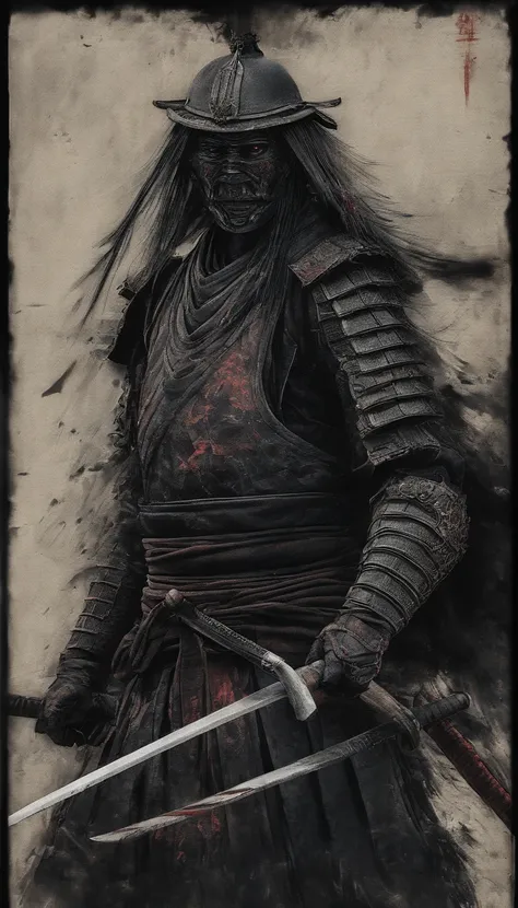 (Best quality,4K,8K,A high resolution,Masterpiece:1.2),Ultra-detailed,(Realistic,Photorealistic,photo-realistic:1.37),Feudal Japanese samurai of the Warring States period, Wearing a full suit of samurai armor, Wearing a black samurai mask, Wielding a sharp...