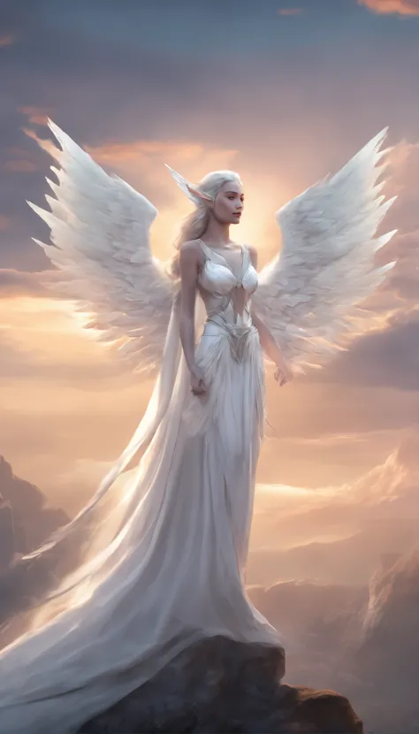 It flies lightly, Holy,White Elves, long ear,white wings on back,shining brightly, The whole body is in the frame, Against the background of colored sky, RAW photo, Hyper-realistic, remote, product-view, ArtStation Trends,Super high quality, Digital art, D...