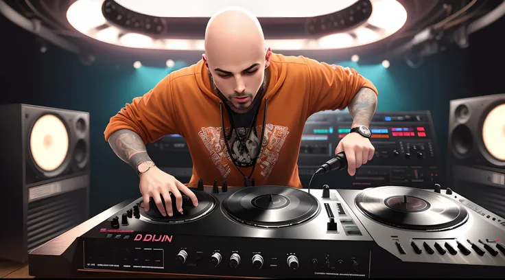 Brown, bald, dj spinning records on a rane one controller in a hip hop club 5d vector