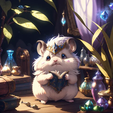 a white hamster wearing a medieval hood, RPG, on top of a table, (best quality,4k,8k,highres,masterpiece:1.2),ultra-detailed,realistic,photorealistic:1.37, hand-drawn illustration,fine shading,soft lighting,vibrant colors,meticulous details,delicate textur...