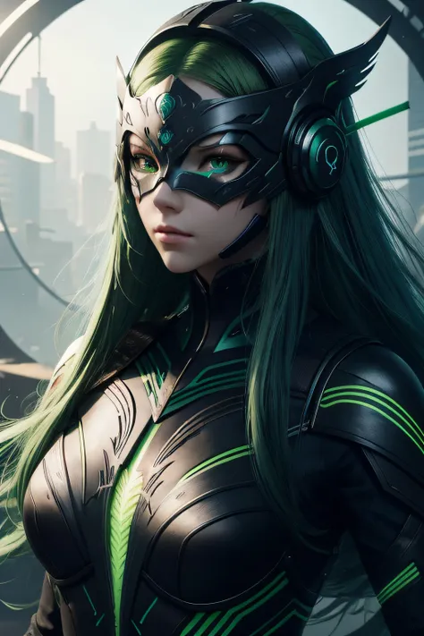 girl with long green hair, green eyes, futuristic vibes, mask on mouth, headphones, 8k, high quality, simple background, glowing eyes, nice pose