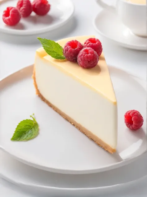 A mouthwatering slice of New York-style cheesecake, meticulously prepared and presented. The creamy cheesecake sits on a fine porcelain dessert plate, drizzled with a luscious raspberry coulis that winds its way around the plates edge. Fresh, plump raspber...