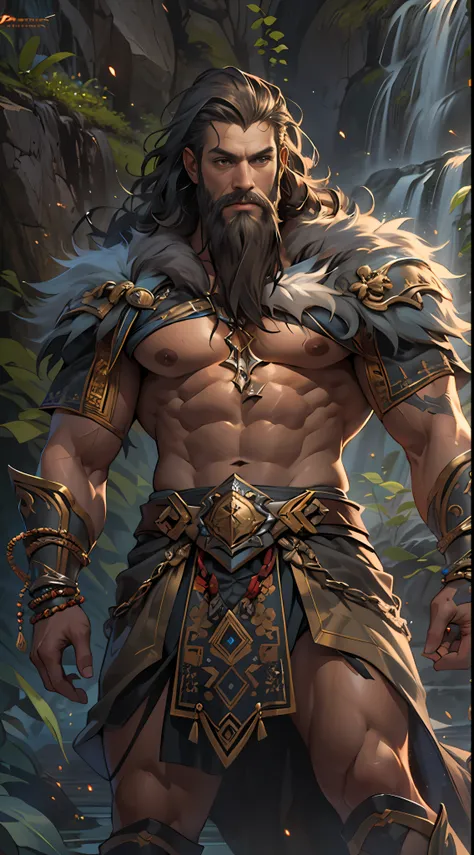 Powerful warrior, upper torso unveiled, lower body uncovered from thighs to feet, decorated with a beaded beard, cascading long curls, meticulous muscle definition, lifelike depiction, 4K resolution. Background: Mythical fantasy landscape,32k uhd, best qua...