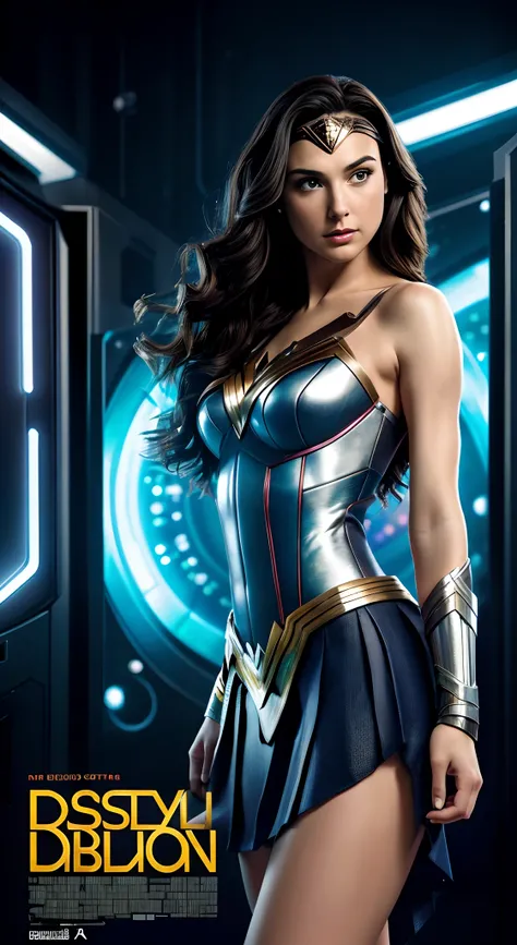 ((Movie premiere poster)), Gal Gadot, wonder women, Wearing a white slip dress，looks into camera，woman , Perfect eyes, Beautiful face，pale brown hair, short detailed hair, bobo head, side parted hair,dynamicposes, Realisticstyle, The scene in which the fil...