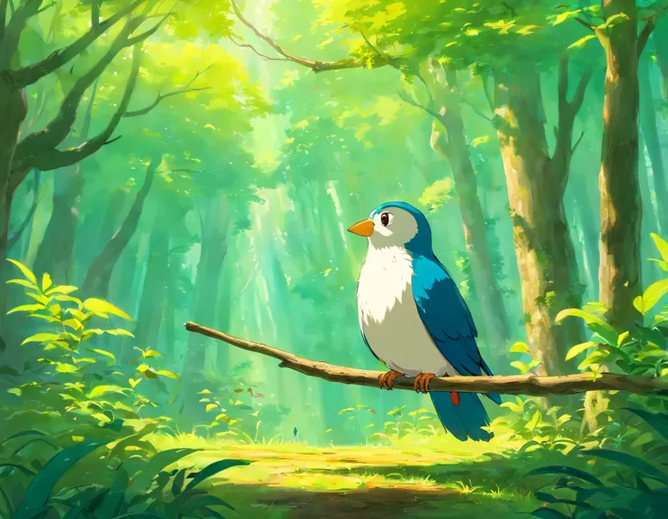 （（The bird is standing on a branch in the forest）），The style is cartoonish and beautiful，Uniform painting style