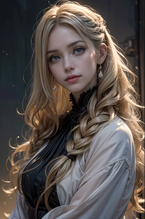 (Foto RAW, best quality), ((nostalgia,Cile nos anos 1980)),(Girl in a literary atmosphere:1.2),(Realistic, fotorrealista:1.3), (peitos enormes:1.6), (Long wavy blonde hair in braids), uma loira, gargantilha,very pale skin,face hiperdetalhada, Detailed lips...