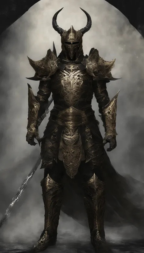 warrior, concept-art,  Fantasy art, battleground background, clean render, a horned, Wear a suit of armor, Detailed bushido form smoke, helmet of a forgotten deity, character is standing, 8k Realistic, in game render, detailed face background detail, Art s...