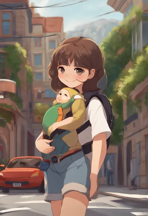 A 15-year-old girl walking down the street with baby in her arms in a fanny pack, The baby looks at her smiling while she looks at him fondly. The street is full of cars and in the background you can see a school. Drew high quality, estilo anime.