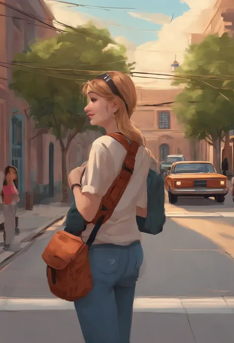 A 15-year-old girl walking down the street with baby in her arms in a fanny pack, The baby looks at her smiling while she looks at him fondly. The street is full of cars and in the background you can see a school. Drew high quality, estilo anime.