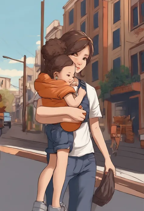 A 15-year-old girl walking down the street with baby in her arms in a fanny pack, The baby looks at her smiling while she looks at him fondly. The street is full of cars and in the background you can see a school. Drew high quality, estilo anime.