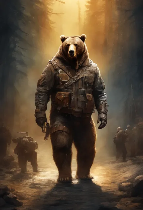 top-quality, Dramatic Lighting, menacing pose, fierce look, epic atmosphere, (((Helmet in the shape of a bears head))), (((Full body shot))),Metal bear, cyborgs, Cyberpunk style, Clockwork, ((Intricate details)), nffsw, ((Intricate details, hyperdetails)),...