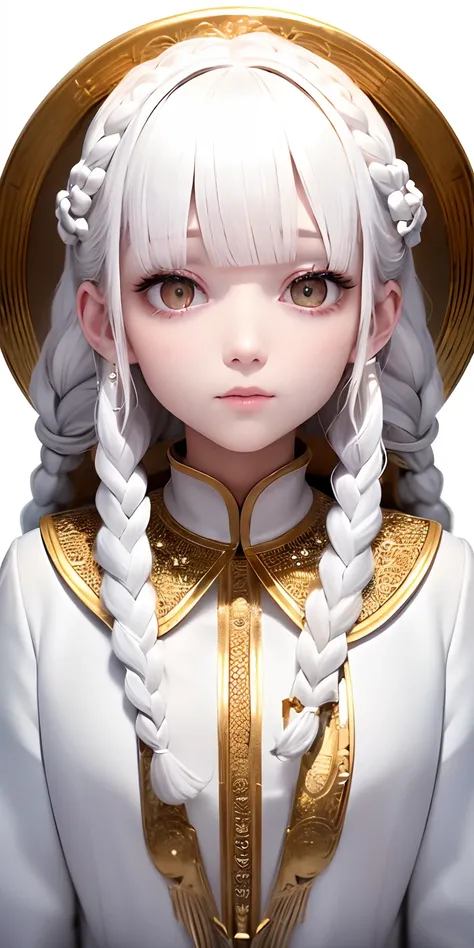 best quality, masterpiece,white hair, gold eyes,white clothes, looking up, upper body,hair strand,Fair skin,side braids