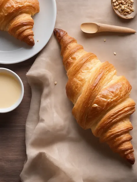 An exquisite, freshly baked croissant in the table, its golden, flaky layers glistening with a light buttery sheen.