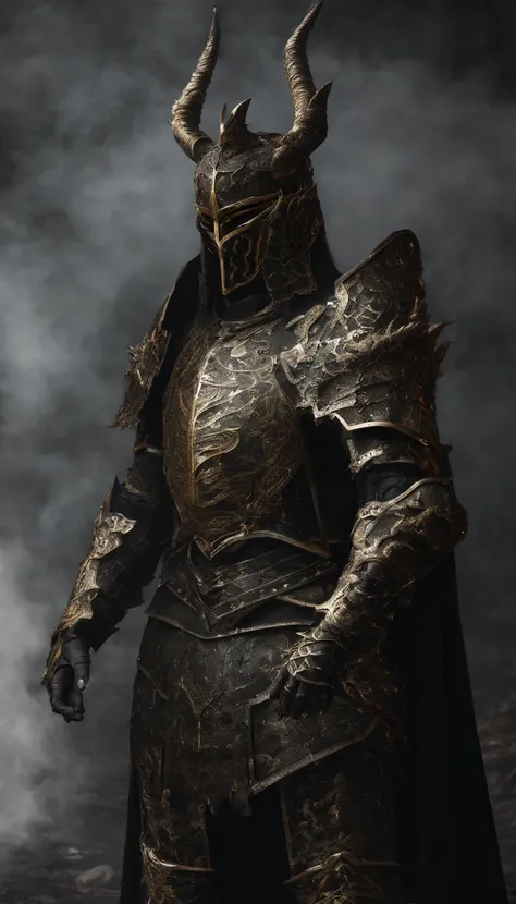 warrior, concept-art,  Fantasy art, battleground background, clean render, a horned, Wear a suit of armor, Detailed bushido form smoke, helmet of a forgotten deity, character is standing, 8k Realistic, in game render, detailed face background detail, Art s...