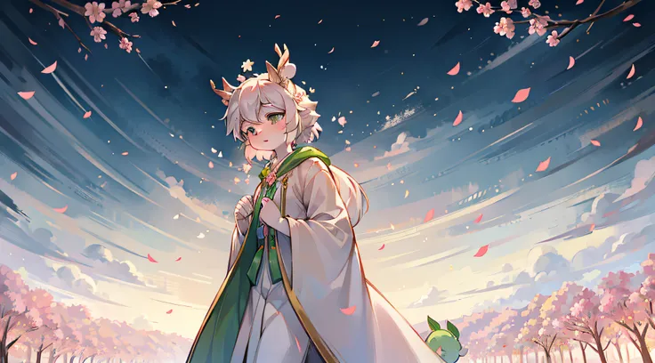 A white deer，green pupills，facing away from the audience，long white robe，Look up at the sky，Peach blossom tree，falling flower petals，nigth，white  clothes