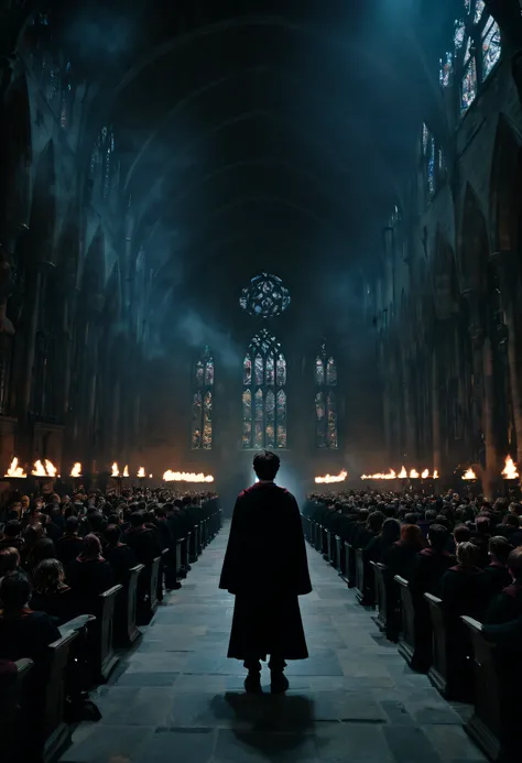 harry potter in an epic escene, cinematic, high contrast, msaterpiece, best quality, magic academy