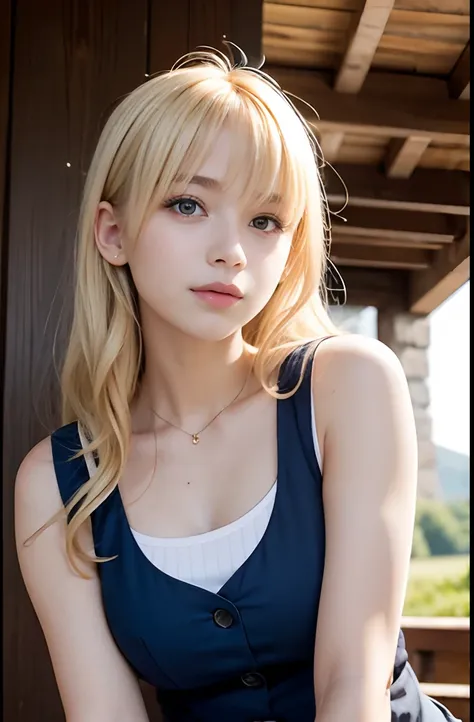 A girl,16 year old,sleeveless waitress,european countryside,blonde,bangs bangs,pretty face,thick muscular arms