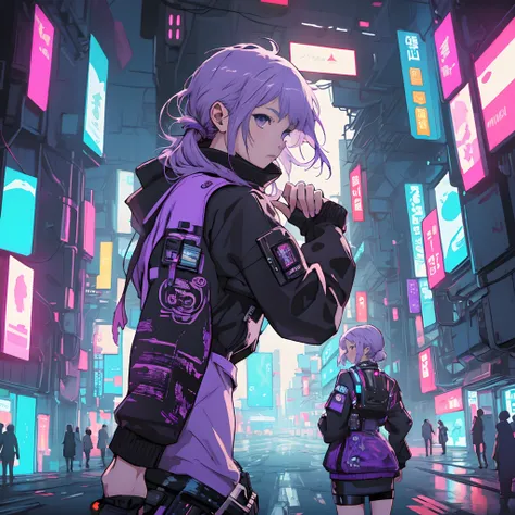 Anime girl with white and purple locks on hair with cyberpunk theme