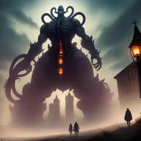 Eldritch horror beyond mortal comprehension and is absolutely gargantuan looming over a dark victorian city