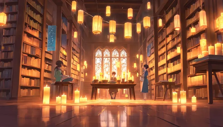 best quality, masterpiece, grand wizard library, magical aura, glowing sigils and runes, floating books and candles and lanterns, cinematic composition, volumetric lighting