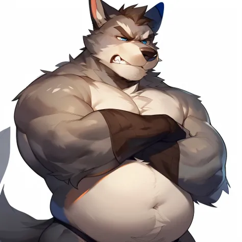 solo, male, canine, chubby, musclegut, mature male, young, angry, arms crossed, grey fur, blue eyes, body hair, half-body, white background, by mystikfox61, by darkgem, by glitter trap boy, by bebebebebe