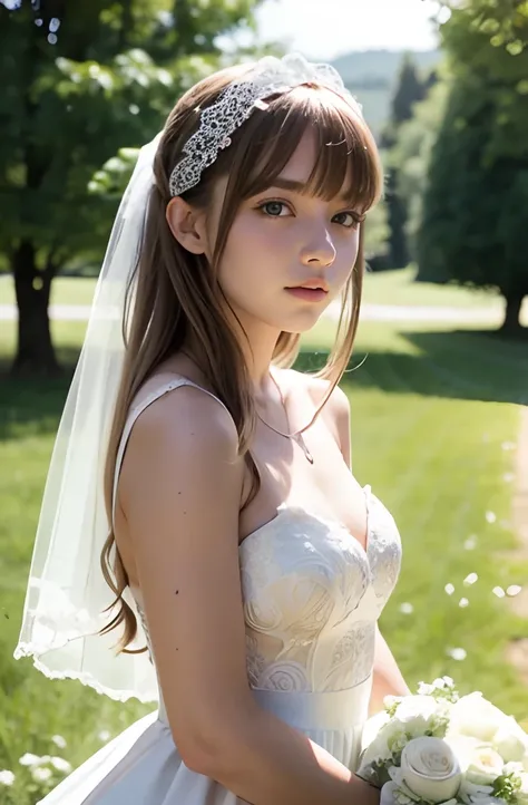 A girl,16 year old,european countryside,blonde,bangs bangs,pretty face,wedding dress