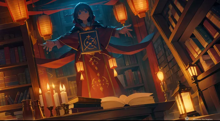 best quality, masterpiece, wide angle shot, grand wizard library, magical aura, glowing sigils and runes, floating books and candles and lanterns, cinematic composition, volumetric lighting