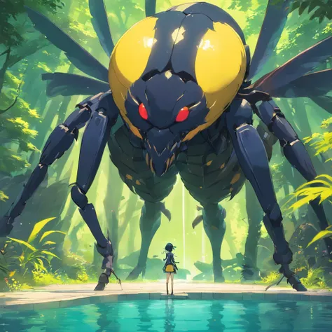 The lower half of the body is a humanoid monster with black bugs, Black nightmarish insect armor, sharp talons,，Stand in the yellow pool, nightmare fuel, Horror, Masterpiece, Best quality