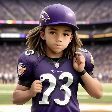 11 year old youth football player in Baltimore ravens stadium with jersey number 27