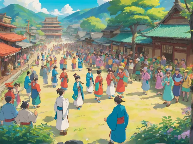 The Zhuang people are gathering to prepare for the Gyro Festival，Someone is moving things，Someone is talking，A dozen people，Stand in the open space of the village，More than a dozen people were dressed in ethnic minority clothes