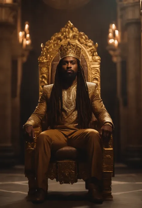 A brown skinned King with dreadlocks ,well built sitting on gold throne