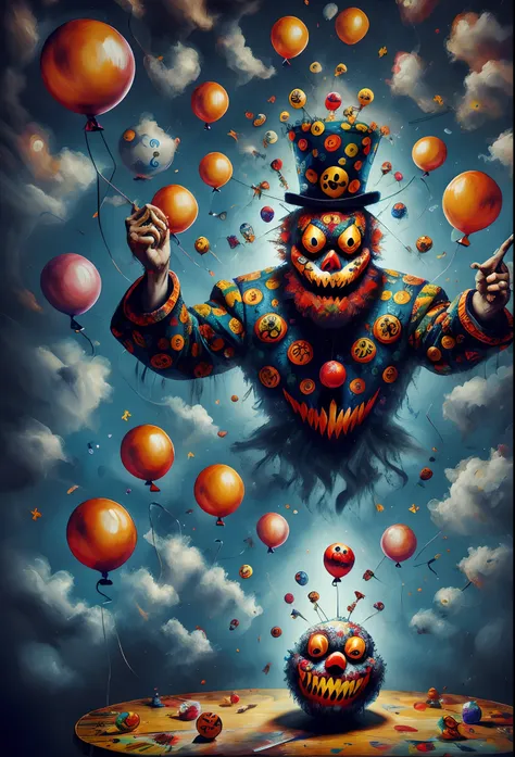 a painting of a clown clown sitting on a table with balloons, scary detailed art in color, lowbrow surrealistic, cutecore clownc...