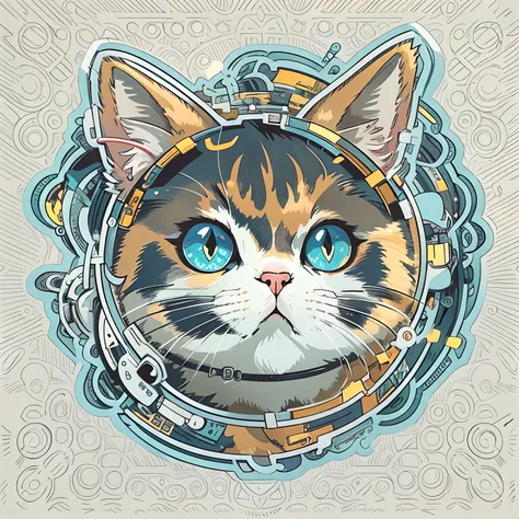 a sticker, Cool Anime Calico Cat,Mofumofu,Eyes are yellow，pouty，In a circle, White background, Jin Ching，It features a simple, ultra-detailliert, Detailed drawing, vectorized, silhuette, 8K, professional sticker design, Flat design, Vector lines, a sticker...