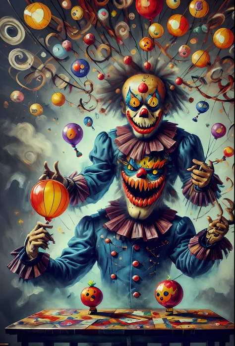 a painting of a clown clown sitting on a table with balloons, scary detailed art in color, lowbrow surrealistic, cutecore clownc...