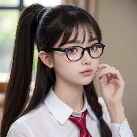 (Best quality,Ultra-detailed,Realistic:1.37),long and flowing hair,High ponytail,Beautiful detailed eyes,Black round frame glasses,adolable,face round，junior school student，校服，figure eight bangs，gentleness