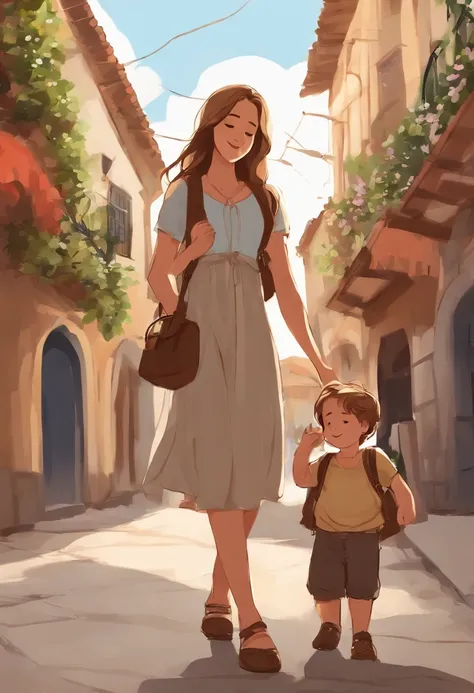 Dibujado de alta calidad, Anime style of a 15-year-old girl with two hands, tez morena clara, long light brown hair, Walking down the street with a little baby baron with Chinese hair, Very pretty in your arms in a baby carrier, The baby looks at her smili...